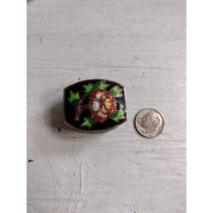 VTG Cloisonne Trinket Box Black/Gold with Floral Design Pill Box Enamel